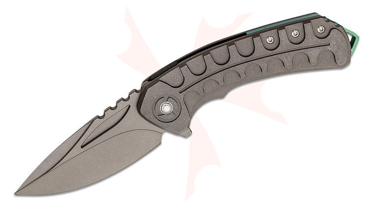 Bestech Knives Buwaya Flipper Knife 3.54 inch M390 Dark Bead Blasted Drop Point Blade, Milled Stonewashed Titanium Handles, Green Accents