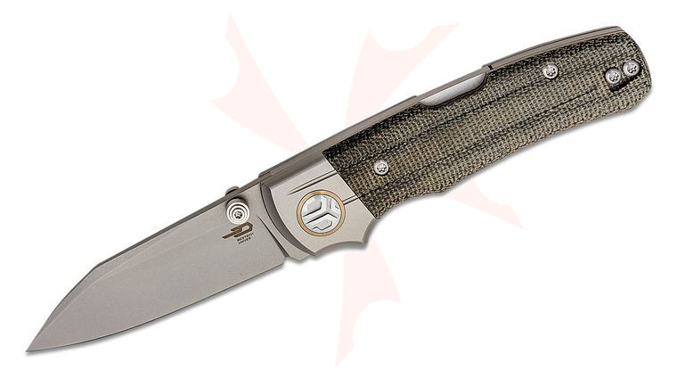 Bestech Knives Tonic Folding Knife 2.89 inch M390 Bead Blasted Reverse Tanto Blade, Bolstered Titanium Handles with Black Canvas Micarta Inlays