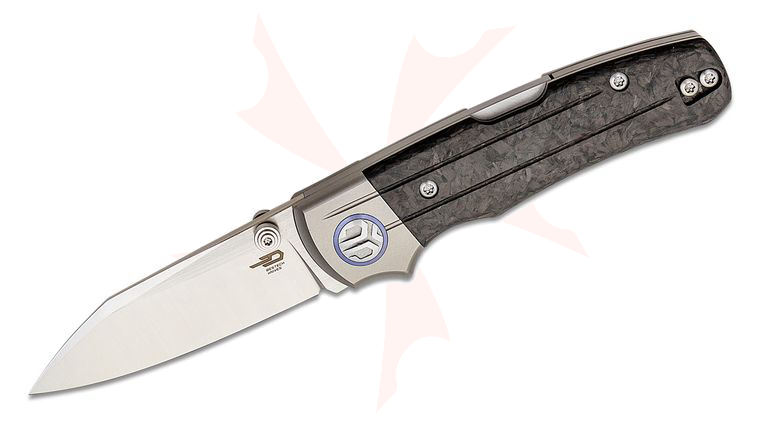 Bestech Knives Tonic Folding Knife 2.89 inch M390 Bead Blasted Reverse Tanto Blade, Bolstered Titanium Handles with Marbled Carbon Fiber Inlays