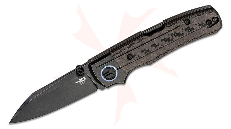 Bestech Knives Tonic Folding Knife 2.89 inch M390 Black Reverse Tanto Blade, Bolstered Titanium Handles with Carbon Fiber Inlays