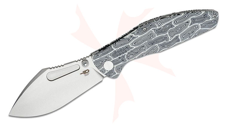 Bestech Knives Lockness Folding Knife 3.91 inch M390 Stonewashed Nessmuk Blade, Black and White Damascus G10 Handles 