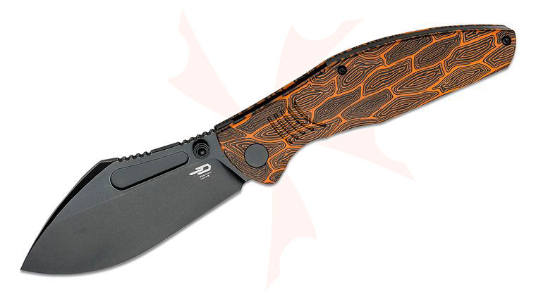 Bestech Knives Lockness Folding Knife 3.91 inch M390 Black Nessmuk Blade, Black and Orange Damascus G10 Handles 