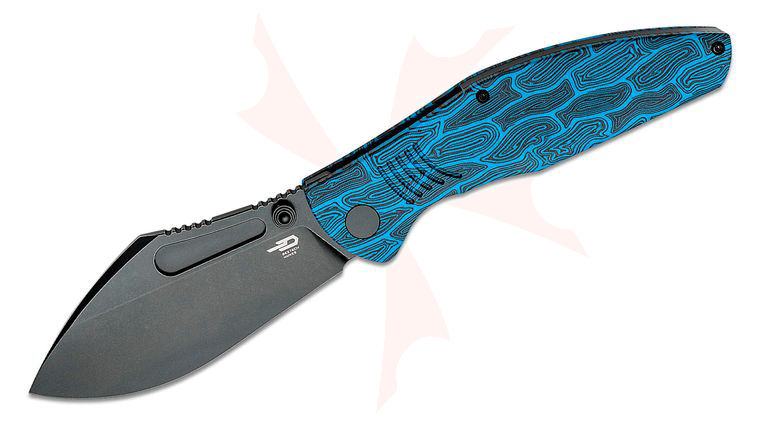 Bestech Knives Lockness Folding Knife 3.91 inch M390 Black Nessmuk Blade, Black and Blue Damascus G10 Handles 