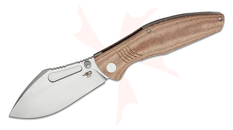 Bestech Knives Lockness Folding Knife 3.91 inch M390 Stonewashed Nessmuk Blade, Natural Canvas Micarta Handles 