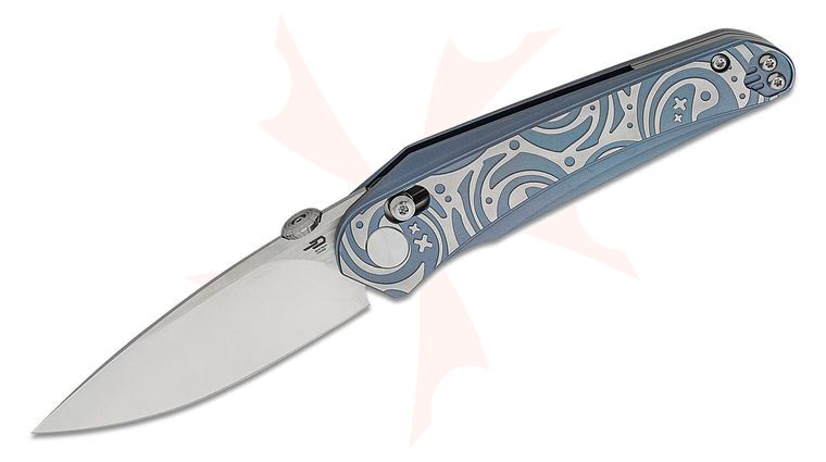 Bestech Knives Kombou Mothus Folding Knife 3.47 inch M390 Satin Drop Point Blade, Patterned Blue and Silver Titanium Handles 