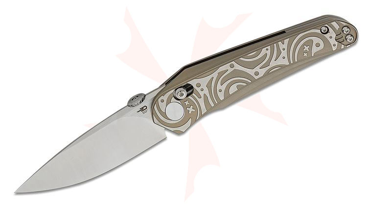 Bestech Knives Kombou Mothus Folding Knife 3.47 inch M390 Satin Drop Point Blade, Patterned Bronze and Silver Titanium Handles 