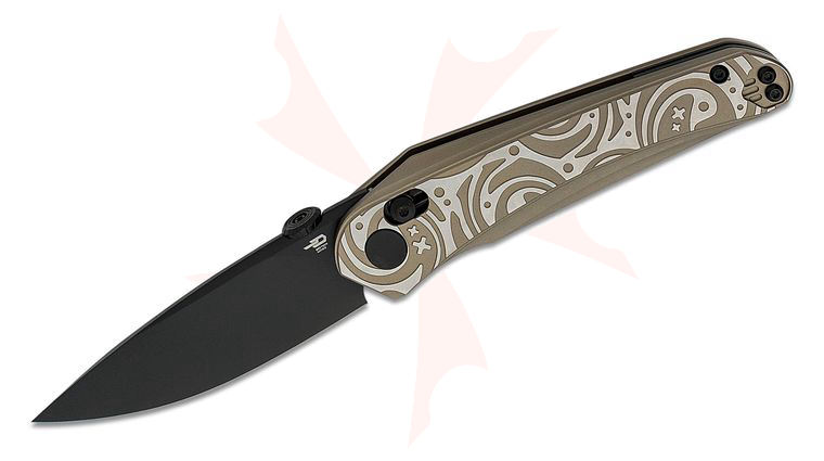 Bestech Knives Kombou Mothus Folding Knife 3.47 inch M390 Black PVD Drop Point Blade, Patterned Bronze and Silver Titanium Handles 