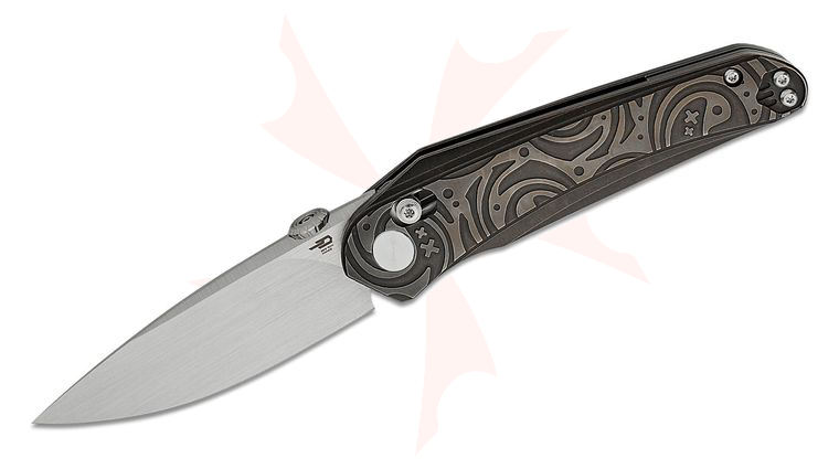 Bestech Knives Kombou Mothus Folding Knife 3.47 inch M390 Hand-Rubbed Satin Drop Point Blade, Patterned Two-Tone Bronze Titanium Handles