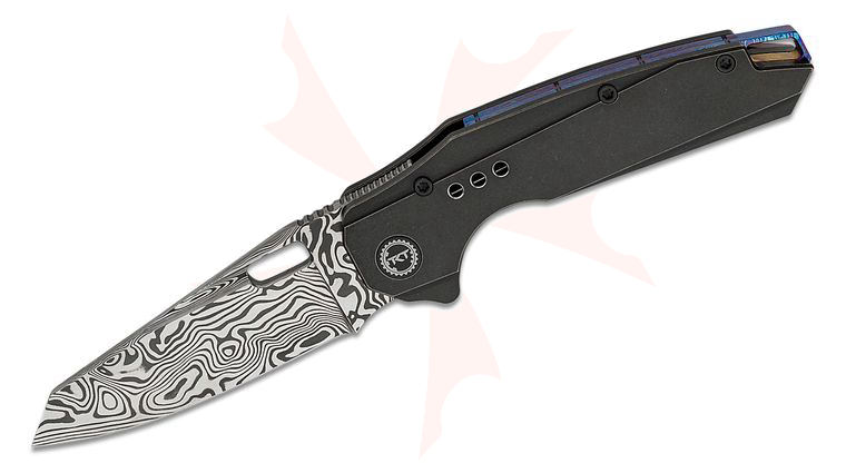 Bestech Knives Nyxie Front Flipper Knife 3.43 inch Damasteel Reverse Tanto Blade, Black Titanium Handles, Timascus Clip