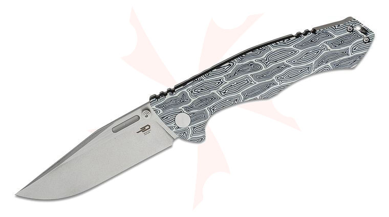 Bestech Knives Keen II Folding Knife 4.19 inch S35VN Two-Tone Satin/Stonewash Clip Point Blade, Black/White Damascus G10 and Bead Blast Titanium Handles
