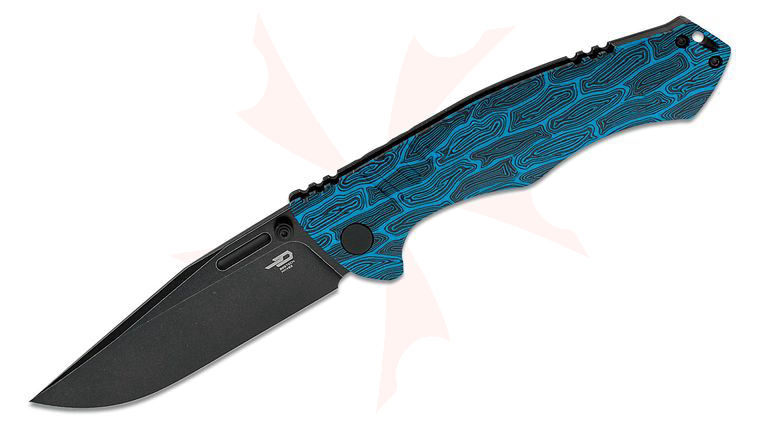Bestech Knives Keen II Folding Knife 4.19 inch S35VN Black Stonewash Clip Point Blade, Black/Blue Damascus G10 and Black Stonewashed Titanium Handles