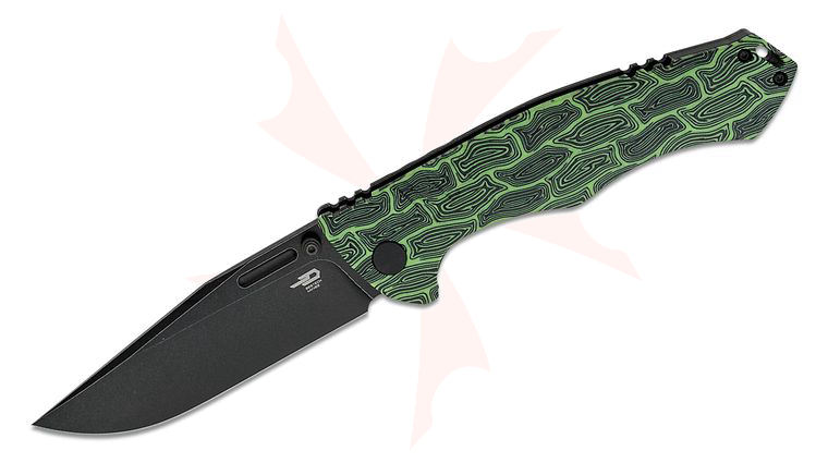 Bestech Knives Keen II Folding Knife 4.19 inch S35VN Black Stonewash Clip Point Blade, Black/Green Damascus G10 and Black Stonewashed Titanium Handles