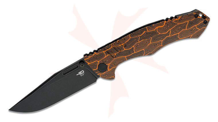 Bestech Knives Keen II Folding Knife 4.19 inch S35VN Black Stonewash Clip Point Blade, Black/Orange Damascus G10 and Black Stonewashed Titanium Handles