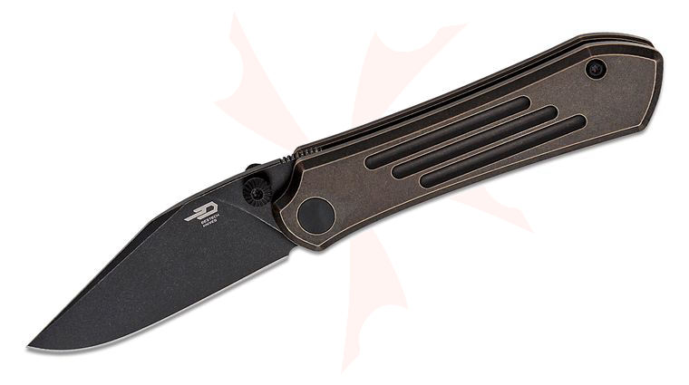 Bestech Knives Icarus Frame Lock Folding Knife 2.65 inch M390 Black Stonewashed Clip Point Blade, Dark Bronze Stonewashed Titanium Handles