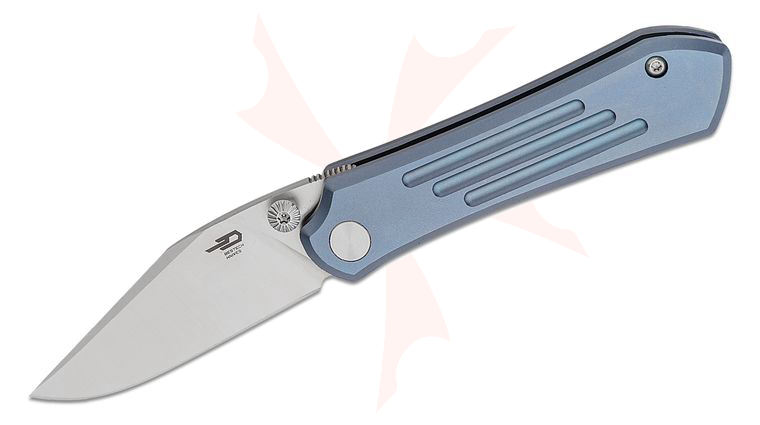 Bestech Knives Icarus Frame Lock Folding Knife 2.65 inch M390 Satin Clip Point Blade, Blue Stonewashed Titanium Handles