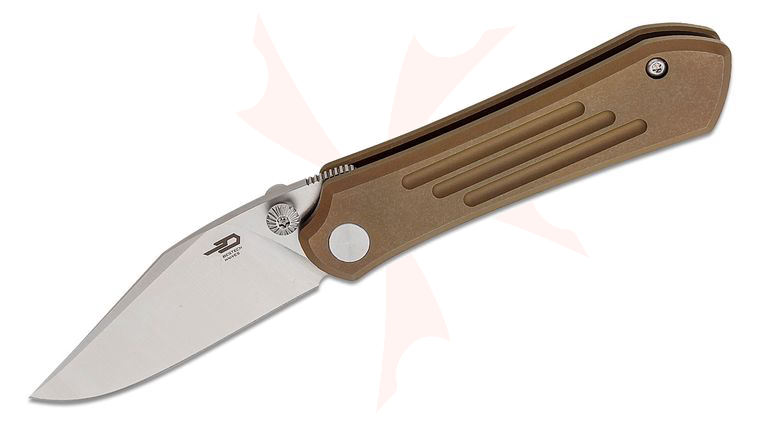 Bestech Knives Icarus Frame Lock Folding Knife 2.65 inch M390 Satin Clip Point Blade, Bronze Stonewashed Titanium Handles