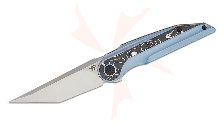 Bestech Knives Kombou Blind Fury Frame Lock Flipper Knife 3.62 inch M390 Satin Tanto Blade, Blue Titanium Handles with Silver Foil Carbon Fiber Inlays