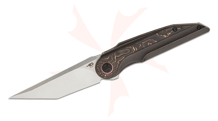 Bestech Knives Kombou Blind Fury Frame Lock Flipper Knife 3.62 inch M390 Satin Tanto Blade, Blackened Bronze Titanium Handles with Copper Foil Carbon Fiber Inlays