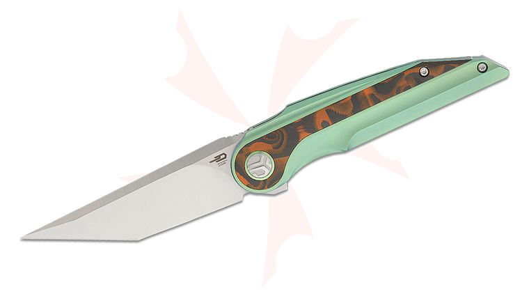 Bestech Knives Kombou Blind Fury Frame Lock Flipper Knife 3.62 inch M390 Satin Tanto Blade, Green Titanium Handles with Orange Carbon Fiber Inlays