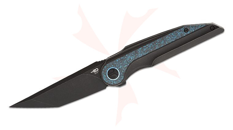 Bestech Knives Kombou Blind Fury Frame Lock Flipper Knife 3.62 inch M390 Black Stonewashed Tanto Blade, Black Stonewashed Titanium Handles with Sky Blue Marbled Carbon Fiber Inlays