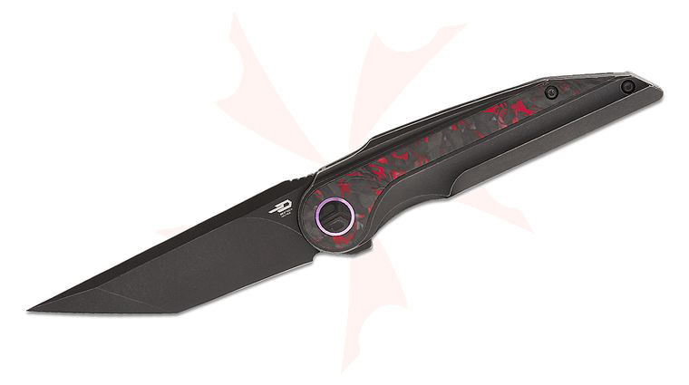 Bestech Knives Kombou Blind Fury Frame Lock Flipper Knife 3.62 inch M390 Black Stonewashed Tanto Blade, Black Stonewashed Titanium Handles with Red Marbled Carbon Fiber Inlays