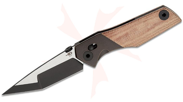 Bestech Knives Cetus Crossbar Lock Folding Knife 3.94 inch M390 Two-Tone Tanto Blade, Natural Canvas Micarta Handles with Dark Bronze Titanium Bolsters