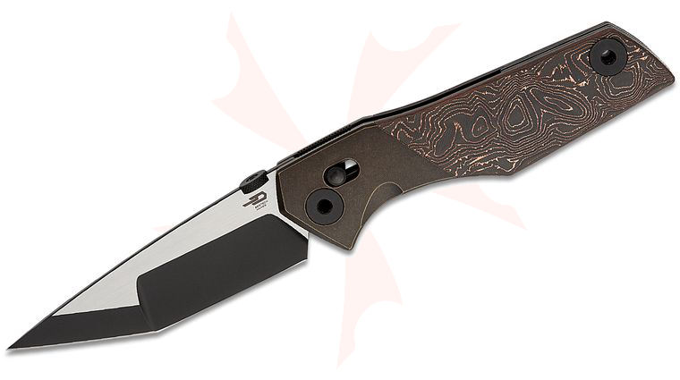 Bestech Knives Cetus Crossbar Lock Folding Knife 3.94 inch M390 Two-Tone Tanto Blade, Copper Foil Carbon Fiber Handles with Dark Bronze Titanium Bolsters