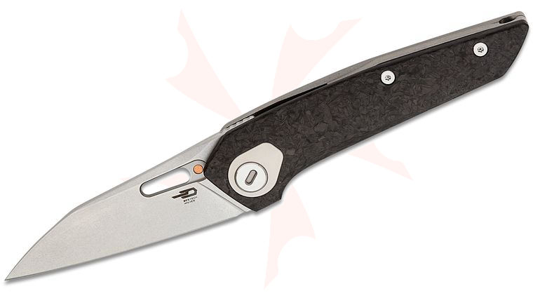 Bestech Knives VK-Void Frame Lock Front Flipper Knife 2.85 inch Elmax Satin Wharncliffe Blade, Marbled Carbon Fiber and Gray Titanium Handles