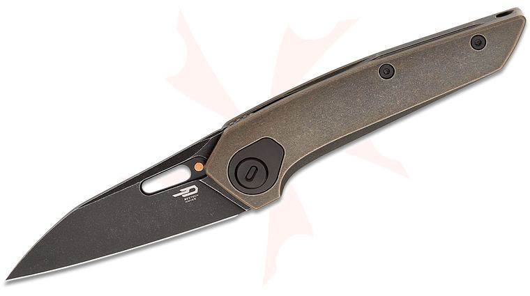 Bestech Knives VK-Void Frame Lock Front Flipper Knife 2.85 inch Elmax Black Stonewashed Wharncliffe Blade, Dark Bronze Stonewashed Titanium Handles
