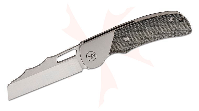 Bestech Knives Syn Frame Lock Folding Knife 3.57 inch Elmax Two-Tone Satin/Stonewashed Cleaver Blade, Black Canvas Micarta Handles with Titanium Bolsters