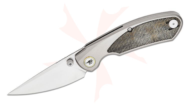 Bestech Knives Ostap Hel Lito Frame Lock Folding Knife 2.48 inch M390 Satin Skinner Blade, Titanium Handles with Black Canvas Micarta Inlays