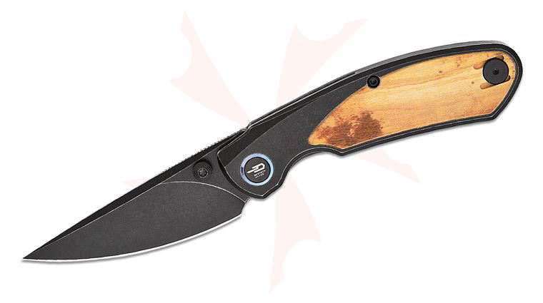 Bestech Knives Ostap Hel Lito Frame Lock Folding Knife 2.48 inch M390 Black Stonewashed Skinner Blade, Black Titanium Handles with Olive Wood Inlays
