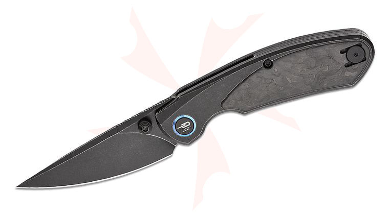 Bestech Knives Ostap Hel Lito Frame Lock Folding Knife 2.48 inch M390 Black Stonewashed Skinner Blade, Black Titanium Handles with Carbon Fiber Inlays