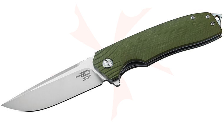 Bestech Knives Lion Flipper Knife 3.38 inch D2 Two-Tone Satin/Stonewashed Blade, Green G10 Handles
