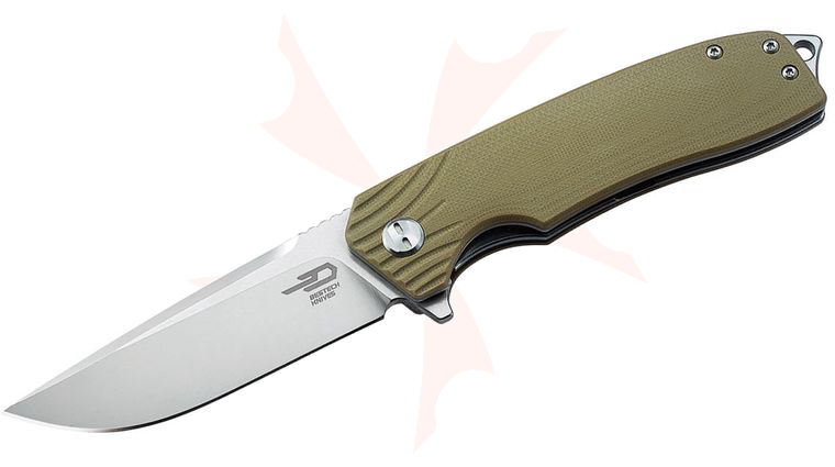Bestech Knives Lion Flipper Knife 3.38 inch D2 Two-Tone Satin/Stonewashed Blade, Tan G10 Handles