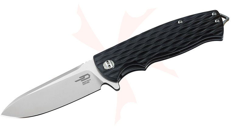 Bestech Knives Grampus Flipper Knife 3.5 inch D2 Two-Tone Satin/Stonewashed Blade, Black G10 Handles