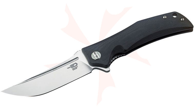Bestech Knives Scimitar Flipper Knife 3.75 inch D2 Two-Tone Satin/Stonewashed Blade, Black G10 Handles