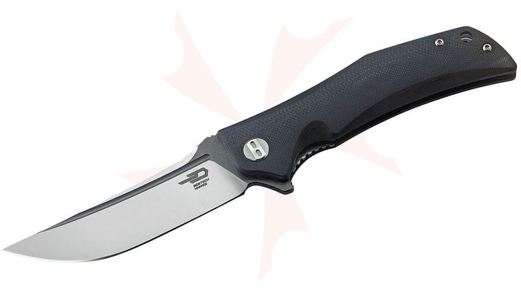 Bestech Knives Scimitar Flipper Knife 3.75 inch D2 Two-Tone Satin/Gray Blade, Black G10 Handles