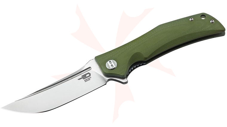 Bestech Knives Scimitar Flipper Knife 3.75 inch D2 Two-Tone Satin/Stonewashed Blade, Green G10 Handles