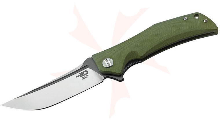 Bestech Knives Scimitar Flipper Knife 3.75 inch D2 Two-Tone Satin/Gray Blade, Green G10 Handles