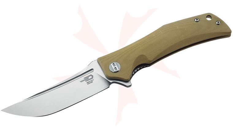 Bestech Knives Scimitar Flipper Knife 3.75 inch D2 Two-Tone Satin/Stonewashed Blade, Tan G10 Handles