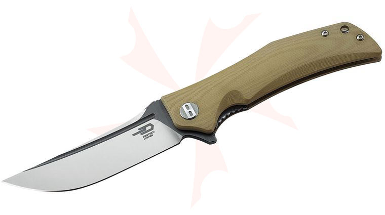Bestech Knives Scimitar Flipper Knife 3.75 inch D2 Two-Tone Satin/Gray Blade, Tan G10 Handles