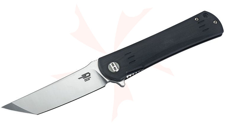 Bestech Knives Kendo Kwaiken-Style Flipper Knife 3.75 inch D2 Two-Tone Satin/Stonewashed Tanto Blade, Black G10 Handles