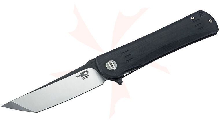 Bestech Knives Kendo Kwaiken-Style Flipper Knife 3.75 inch D2 Two-Tone Satin/Black Tanto Blade, Black G10 Handles