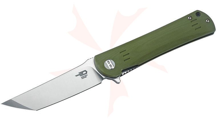 Bestech Knives Kendo Kwaiken-Style Flipper Knife 3.75 inch D2 Two-Tone Satin/Stonewashed Tanto Blade, Green G10 Handles