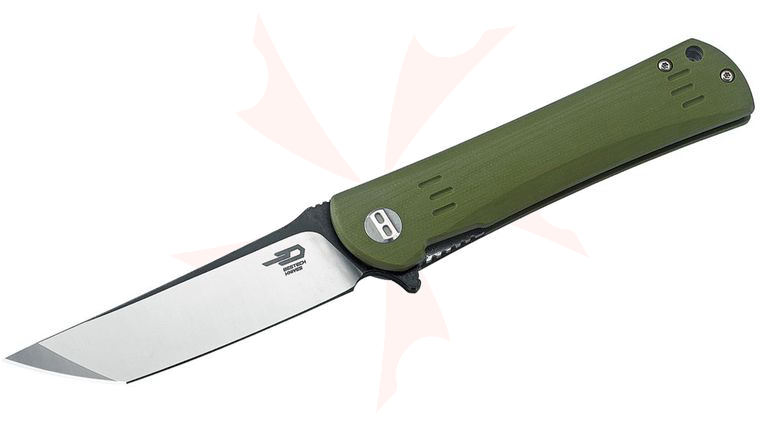 Bestech Knives Kendo Kwaiken-Style Flipper Knife 3.75 inch D2 Two-Tone Satin/Black Tanto Blade, Green G10 Handles