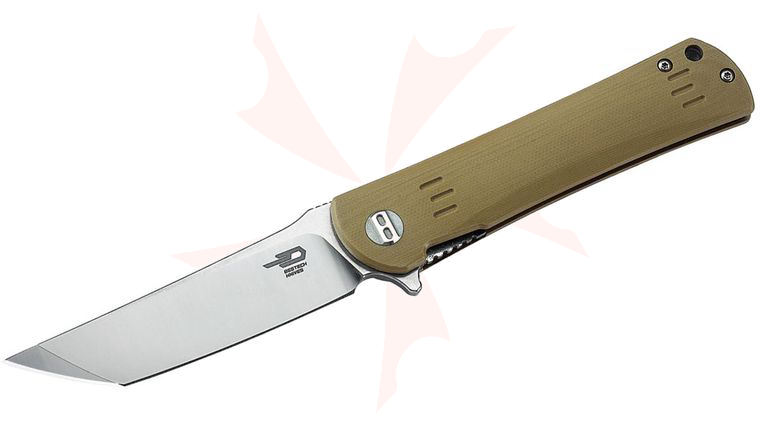 Bestech Knives Kendo Kwaiken-Style Flipper Knife 3.75 inch D2 Two-Tone Satin/Stonewashed Tanto Blade, Tan G10 Handles