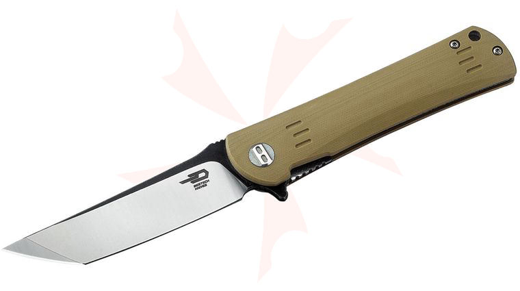 Bestech Knives Kendo Kwaiken-Style Flipper Knife 3.75 inch D2 Two-Tone Satin/Black Tanto Blade, Tan G10 Handles