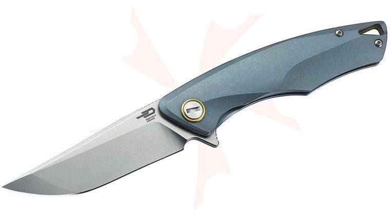 Bestech Knives Dolphin Flipper Knife 3.63 inch S35VN Stonewashed Blade, Blue Titanium Handles