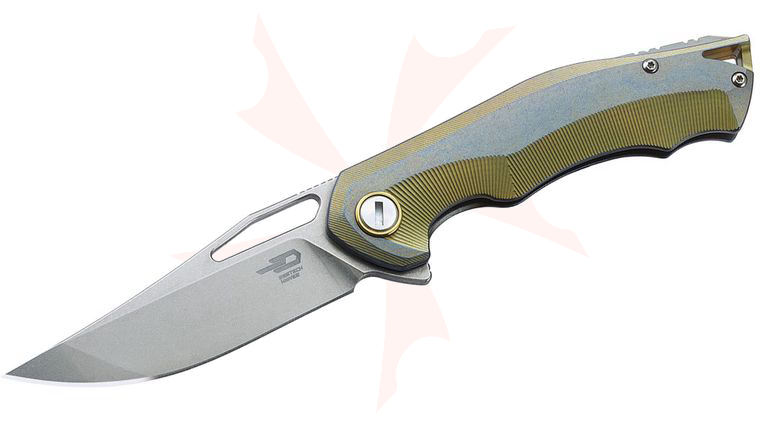 Bestech Knives Tercel Flipper Knife 3.5 inch S35VN Stonewashed Blade, Bronze Titanium Handles